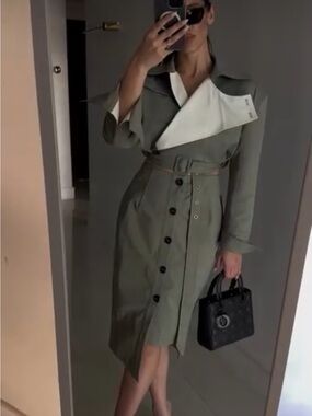 Olive Green Trench Shirt Dress with White Accent